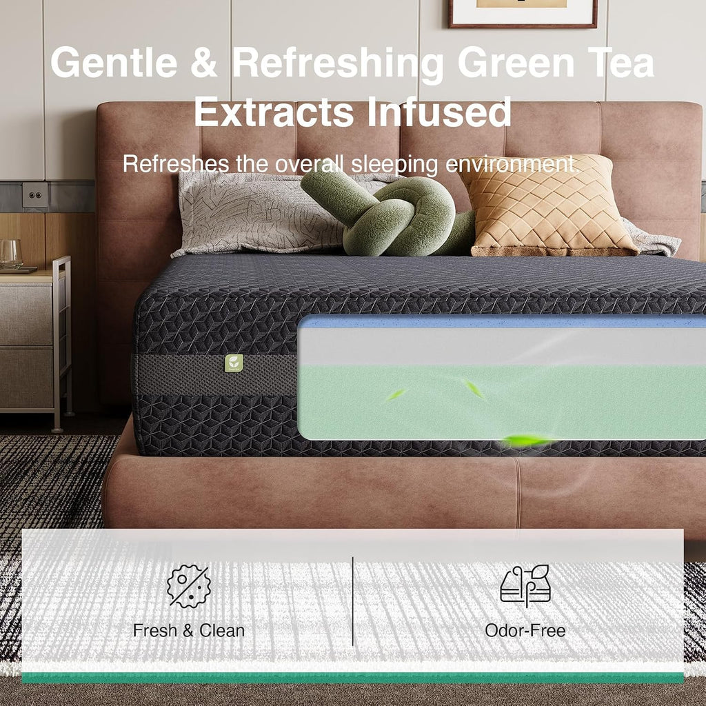 14 Inch Queen Size Gel Memory Foam Mattress for Pressure Relief | 14 Inch Queen Mattress with Green Tea-Infused Foam