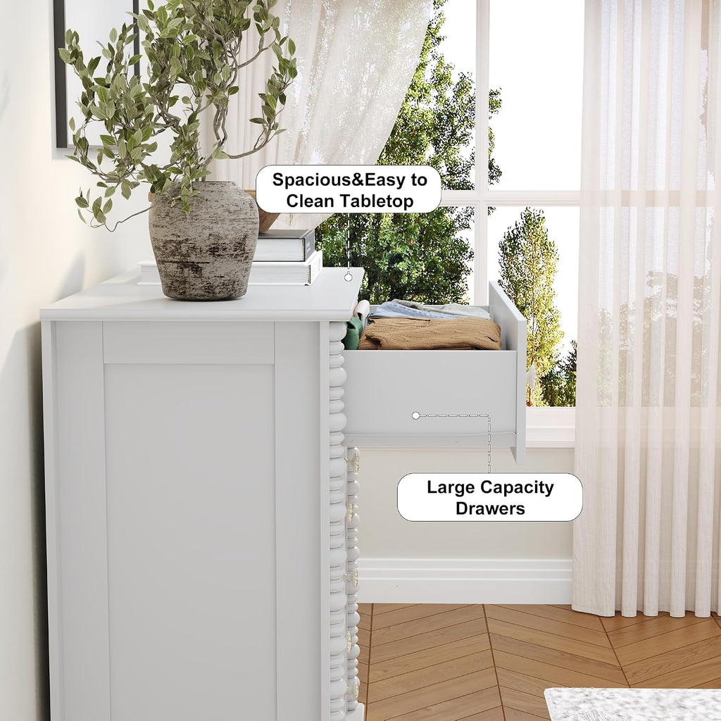 White Dresser with 4 Drawer, 37" Tall Chest of Drawers with Turned Legs and Ceramic Knobs,Vertical Dresser, Wood