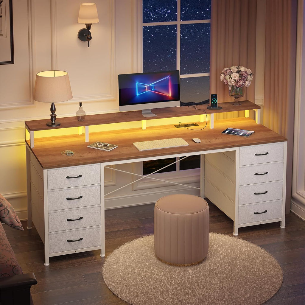 60" Computer Desk with 8 Drawers & Monitor Stand | Gaming Desk with LED Lights & Power Outlets, Home Office Desk with