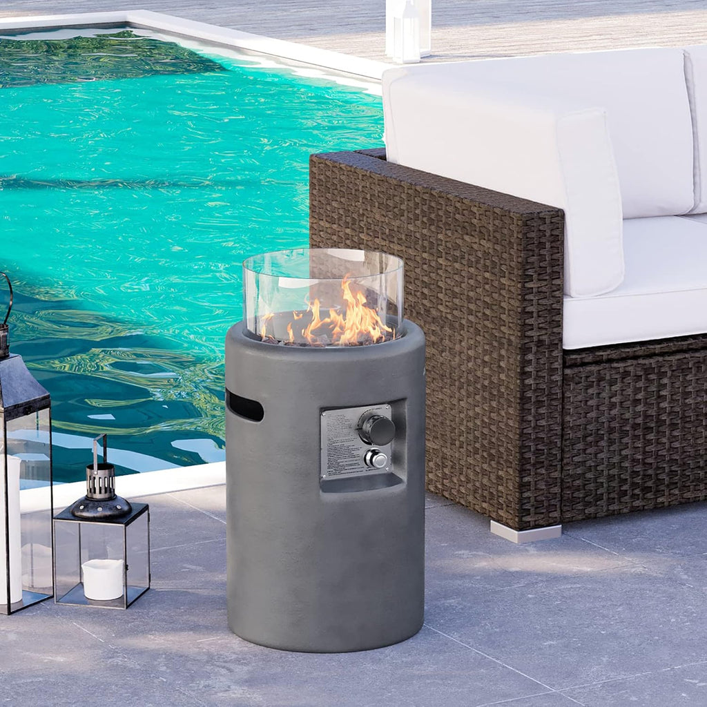 Propane Patio Fire Pit 40,000 BTU 16-inch Round Concrete Gas Fire Pit w Wind Guard,Lava Rocks and Rain Cover,Outside