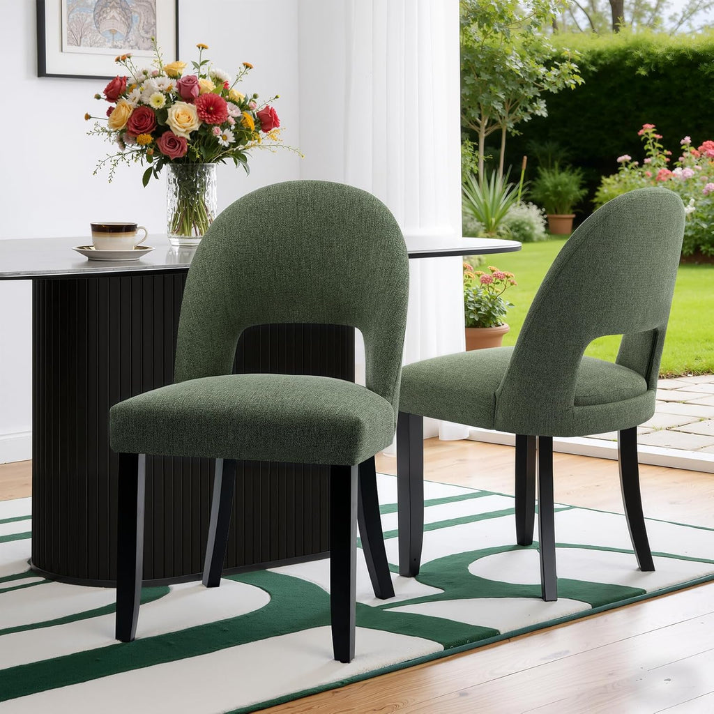 French Farmhouse Dining Chairs Set of 2, Upholstered Rattan Dining Chairs with Curved Backrest and Carved Solid Wood Frame for Dining Room or Living Room