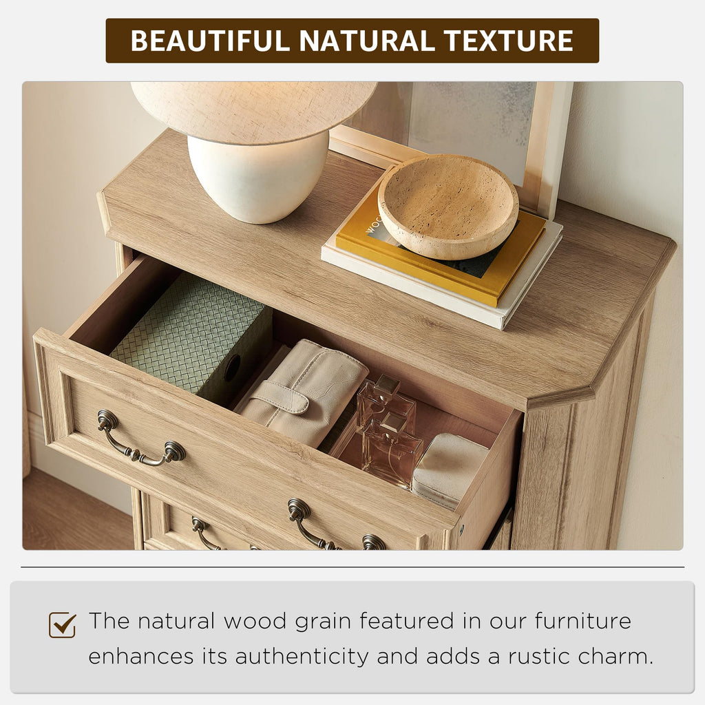 Farmhouse 5 Drawers, 48" Tall Wood Rustic Chest of Drawers with Natural Texture, Vintage Design, Storage Dressers