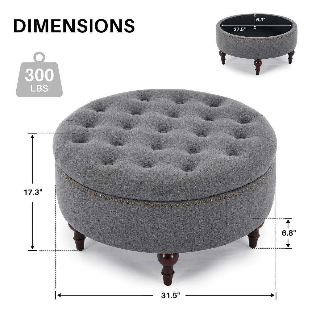 Round Storage Ottoman, Tufted Fabric Coffee Table Footrest, Grey