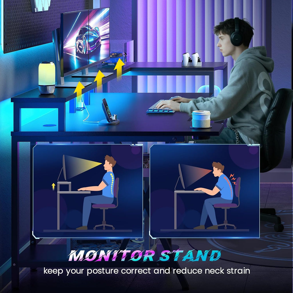 Gaming Desk 70.8'' with LED Lights, Storage Shelves,Power Outlets | Computer Desk with Monitor Stand and Cup Holder