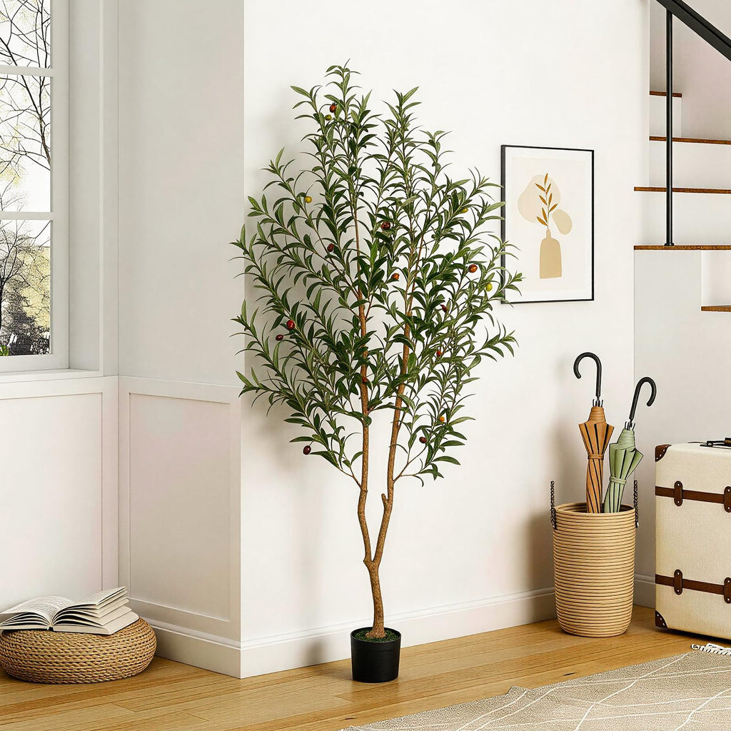 Artificial Olive Tree, 6FT Tall Faux Olive Tree with Pot, Artificial Plants with Natural Wood Trunk and Lifelike