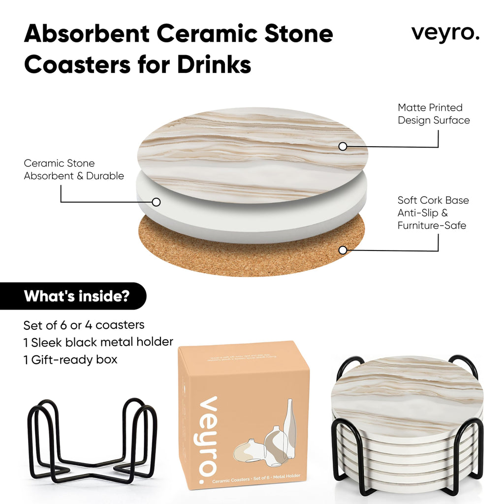 Absorbent Marble Look Ceramic Drink Coasters Set of 6 with Holder