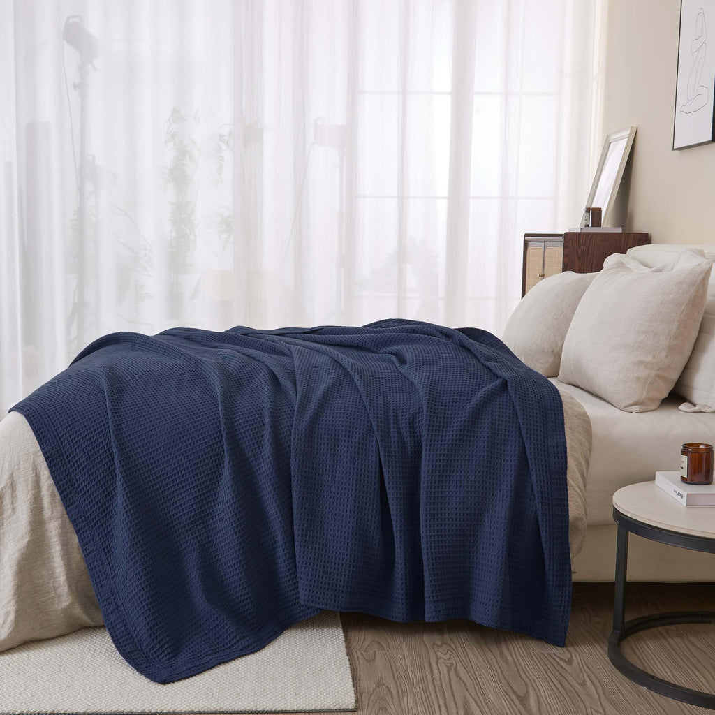 100% Cotton Blue Blanket Full/Queen Size for Bed - Breathable and Soft, Waffle Weave for Summer Spring, 90x90 Inches