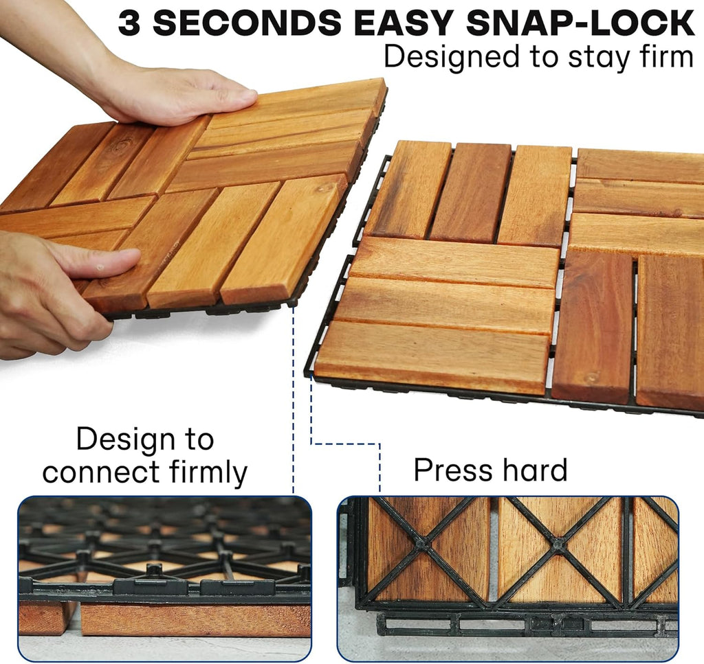 Wood Interlocking Deck Tiles - 12"x12" Indoor & Outdoor Flooring Tiles for Balcony, Backyard & Poolside, Weather & UV