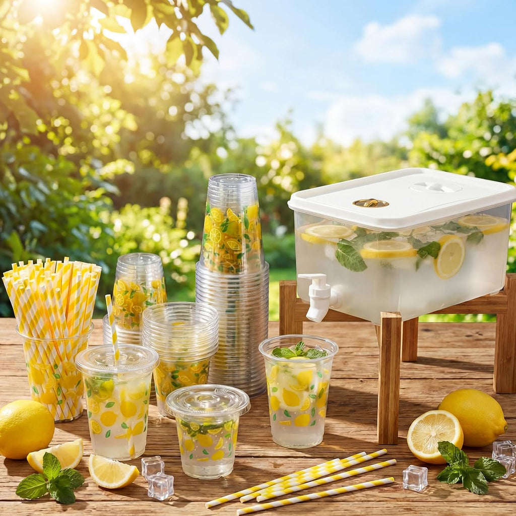 Lemonade Stand Supplies Kits Include 1.3 Gallon Clear Plastic Drink Dispenser with Spigot 100 Set Lemonade Cups - Set of 2