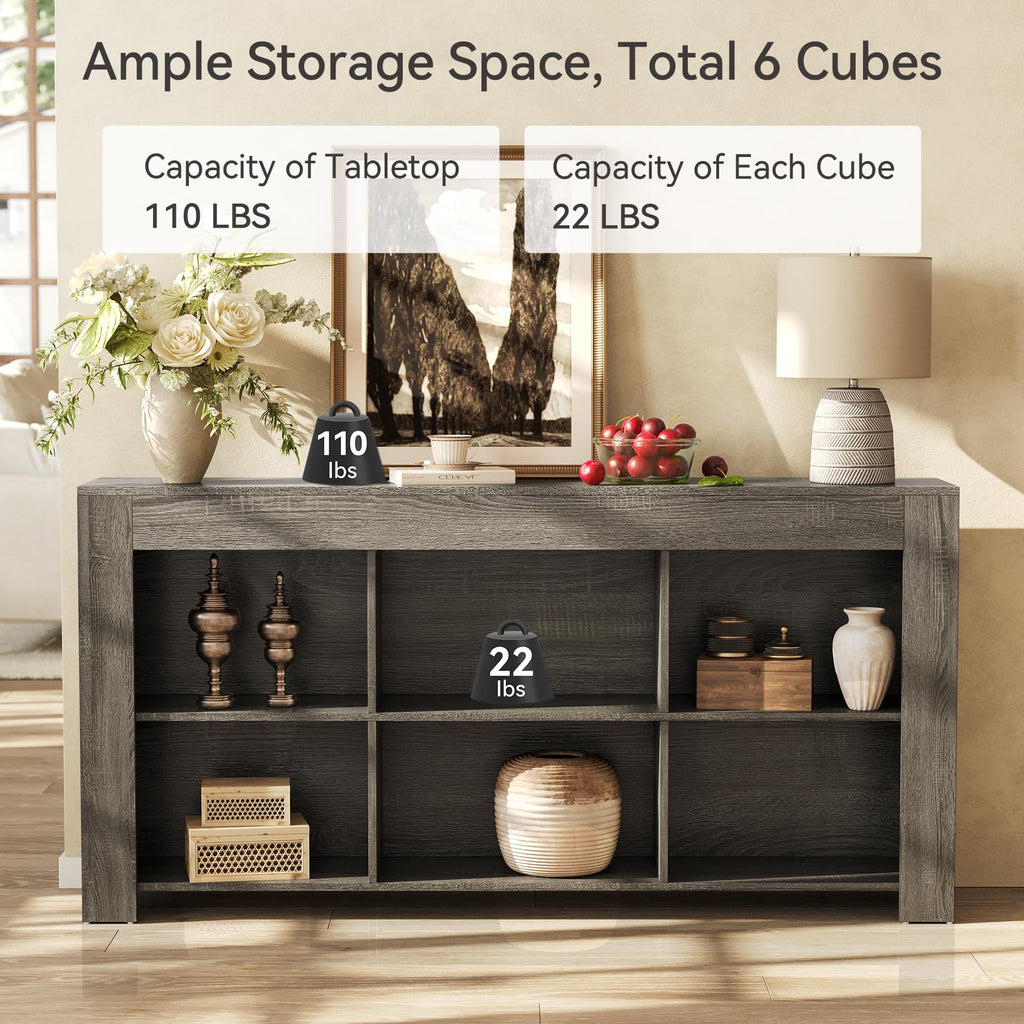Console Table with Storage, 63-Inch Long Sofa Table, Entryway Table with Cubes, Farmhouse Storage Shelves, Grey +