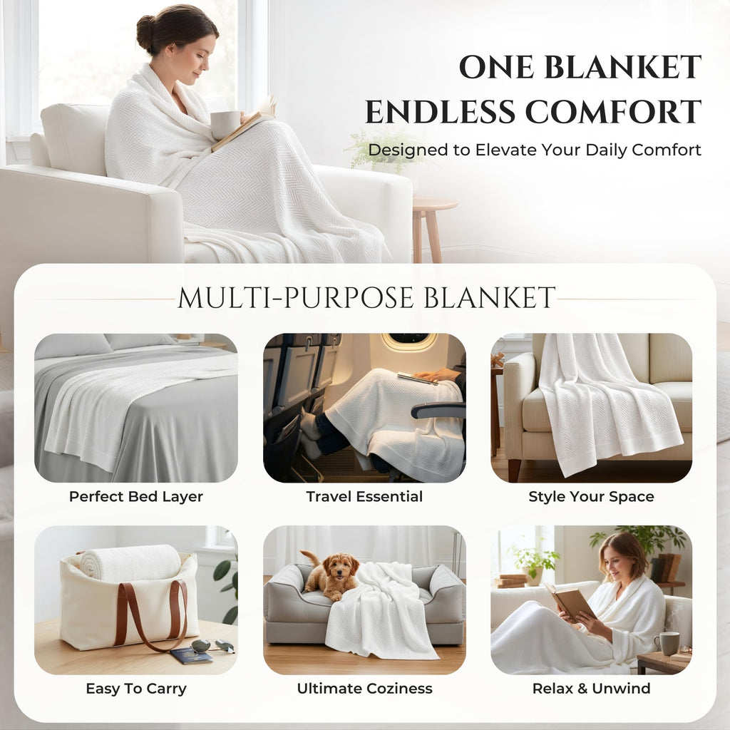 Luxury Cotton Blanket for Queen Size - Breathable Herringbone Blanket, All Season Bed Layering, 350 GSM Cozy Soft