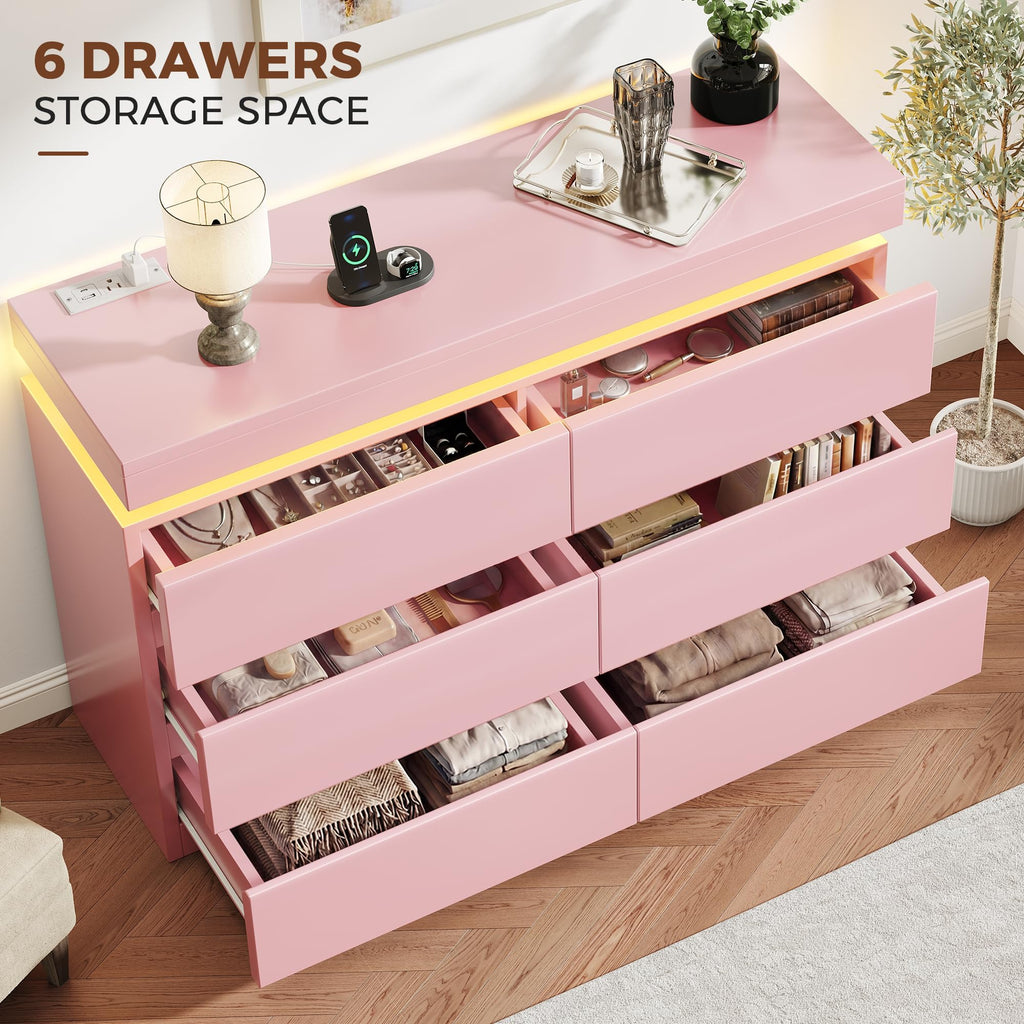 6 Drawer Dresser with LED Lights and Charging Station, Modern Pink Dresser