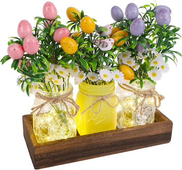 Easter Decorations, Easter Table Centerpiece with Egg Picks in Glass Vases, Wood Tray & Led Lights with Timer, Spring - Set of 3