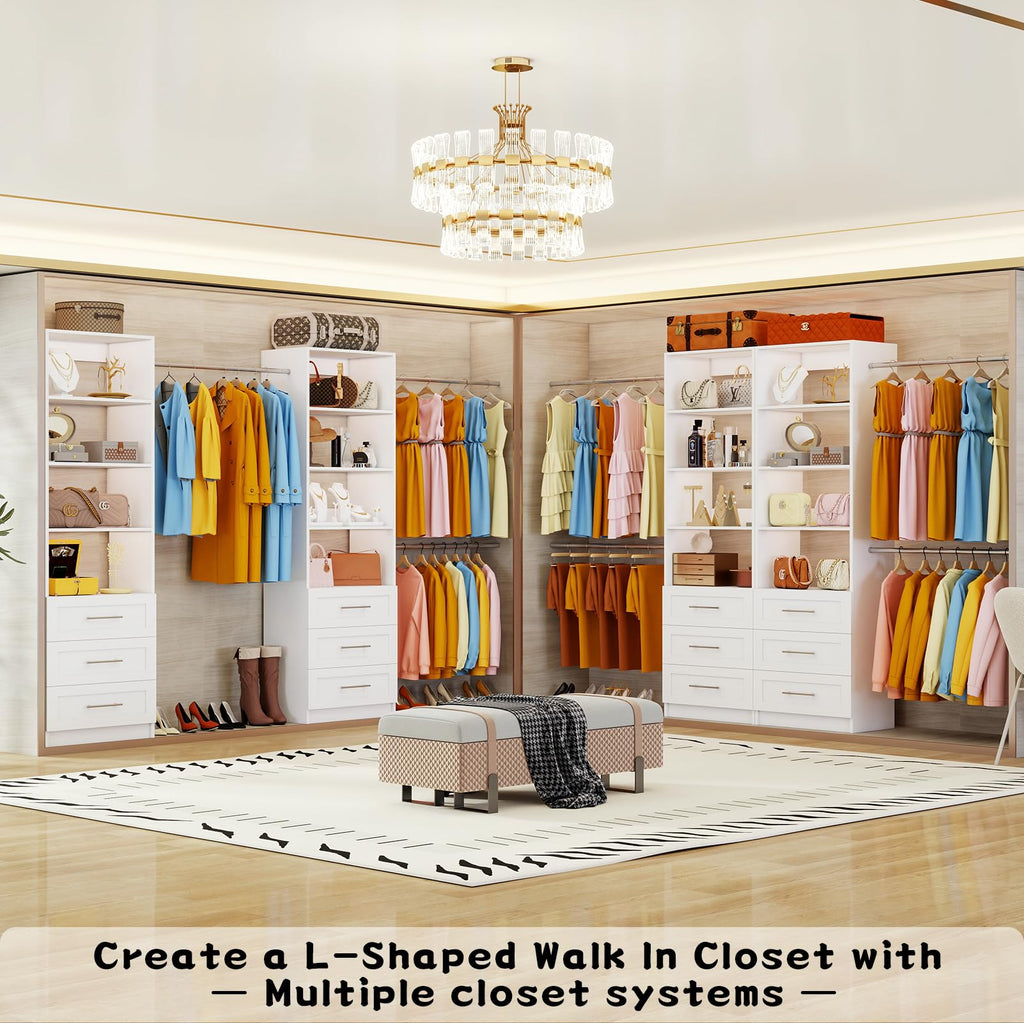 Closet System with Drawers, 4FT-9FT Modular Closet Organizer System with 4 Expandable Hanging Rods Adjustable Wooden