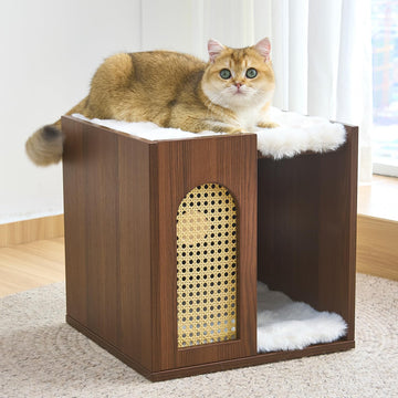 Wooden Indoor Cat House Suitable for Pets Under 66 Lbs, for Large Cats, Sturdy & Durable Semi-Enclosed Cat Bed Condo