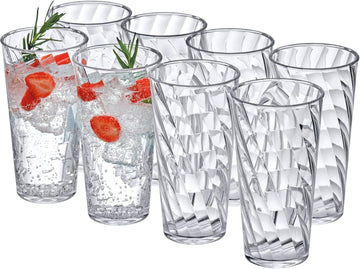 Glacier - 18-Ounce Plastic Tumblers (Set of 8), All-Clear Reusable Plastic Cups, Stackable, BPA-Free, Shatter-Proof