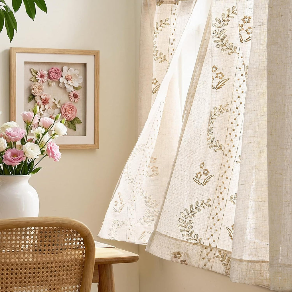Linen Floral Kitchen Curtains 36 inch Length Embroidered Farmhouse Cafe Curtains for Living Room Bathroom
