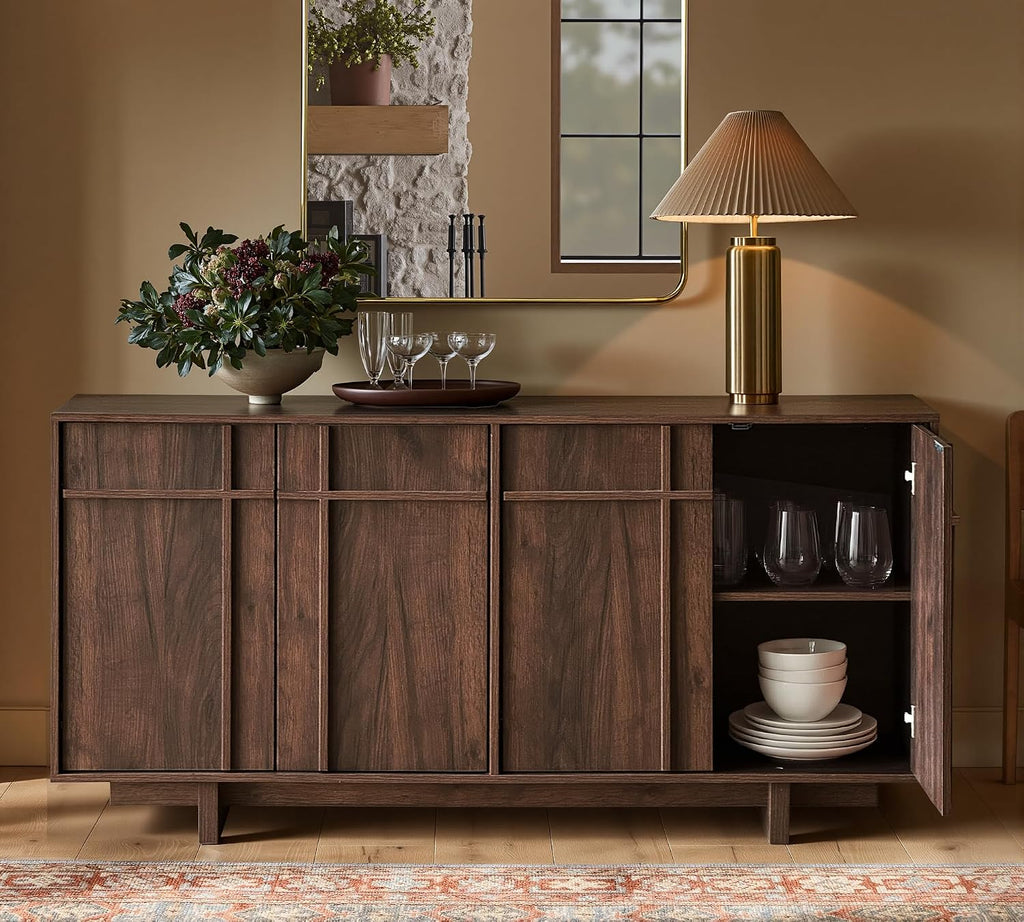 63" Sideboard Buffet Cabinet, Skeleton Lines Design, Walnut | Mid Century Modern Accent Cabinet with Wood Gain