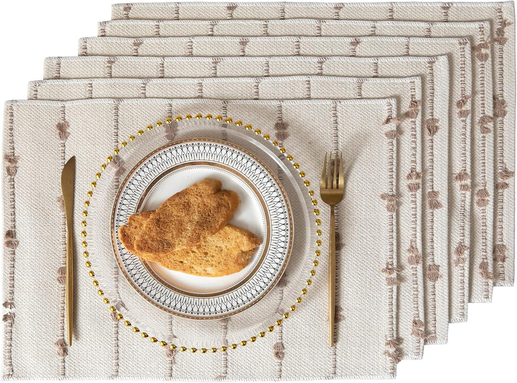 Boho Placemats for Dining Table Decor, Woven Cloth Place Mats for Farmhouse Rustic Kitche Home Decor, Cotton - Set of 6