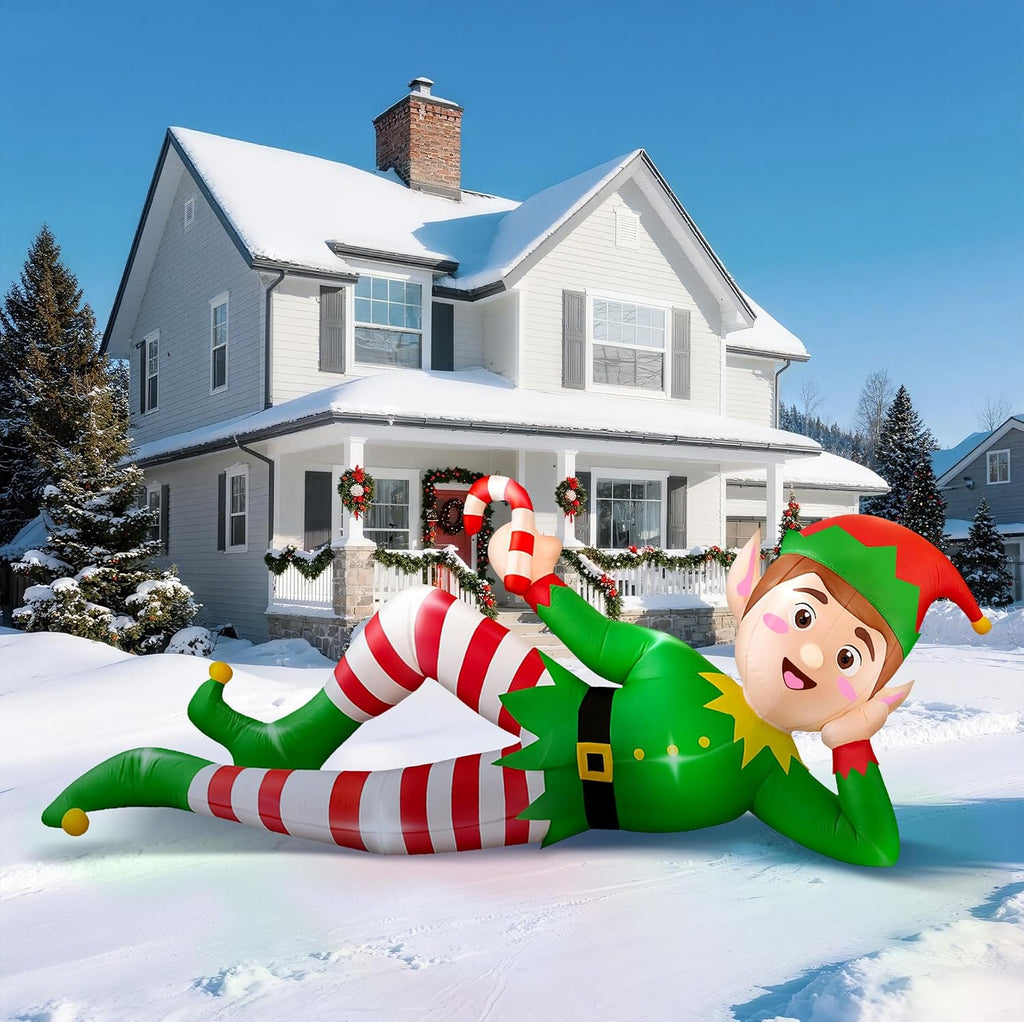 8 FT Christmas Inflatable Outdoor Decoration, Lying Elf Christmas Blow up Yard Decorations with LED Lights, Elf