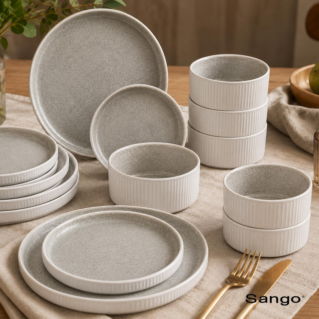 12 Pieces Stoneware Fluted Dinnerware Set, Modern Cream Dishes for 4, Premium Serving Plates and Bowls Sets, Chip &