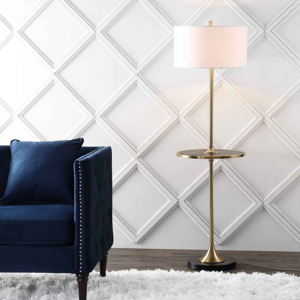 Luce Floor Lamp with Wood Side Table 59", Black/Brass Gold
