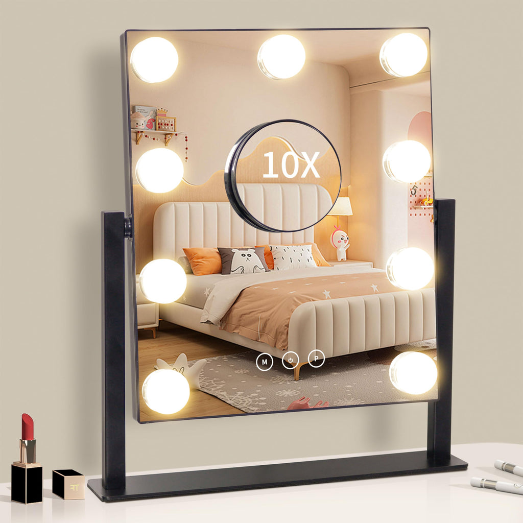 Vanity Mirror with Lights,Makeup Mirror with Lights with 9 Dimmable LED Bulbs, 3 Color Lighting Modes Detachable 10X