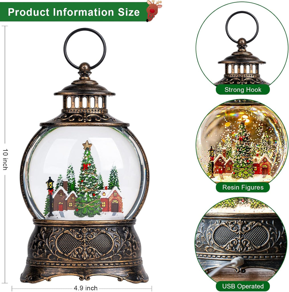 Christmas Snow Globes Water Lantern with Christmas Tree Village, Music & 6H Timer, USB Lined/Battery Operated Lighted