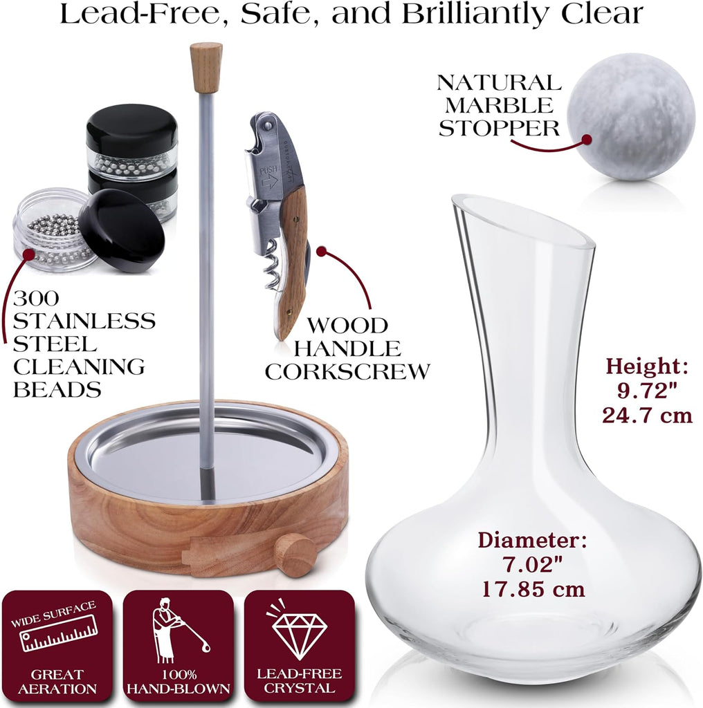 Crystal Wine Decanter Set with Drying Stand, Corkscrew, Marble Stopper, Cleaning Beads - 750ml Hand Blown Glass Wine