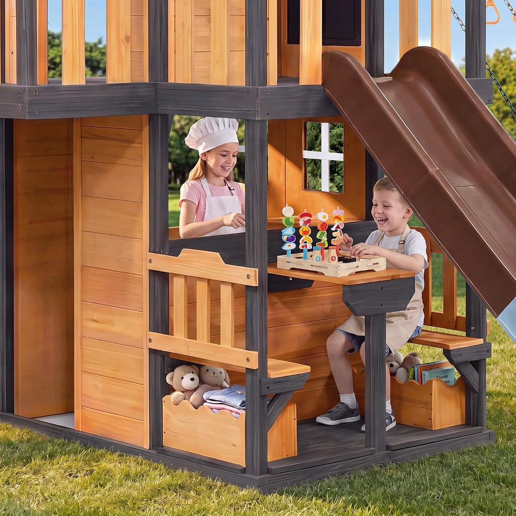 Kids Playground Wooden Swing Set Garden Lawn Play House, Natural | Solid Pine, Kids' Playground, ASTM Safety Norms