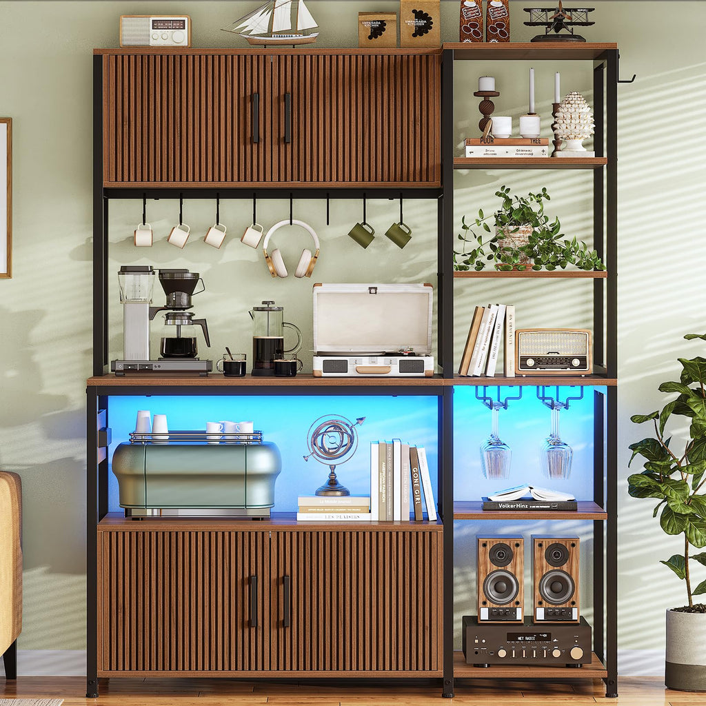 Fluted Bakers Rack with Storage and LED Light, 45.3 Inch Coffee Bar Cabinet, Microwave Stand with Storage, Goblet