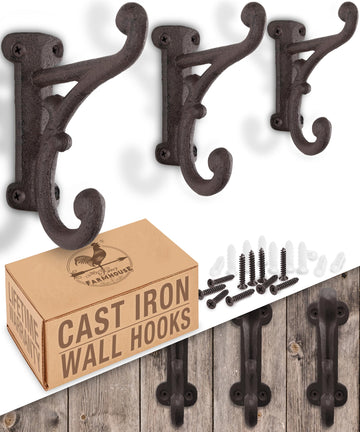 Rustic Cast Iron Coat Hooks (3 Pack) Rustic Dark Brown, Wall Mounted, Farmhouse Decorative, Heavy Duty Wall Hooks for