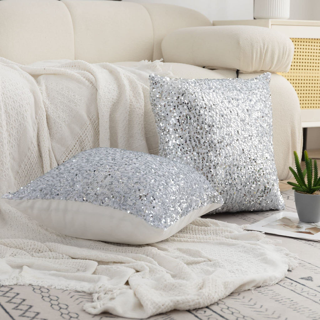 Set of 2 Silver White Glitzy Sequin Throw Pillow Covers Sparkling Decorative Gilter Metallic Square Cushion Cover