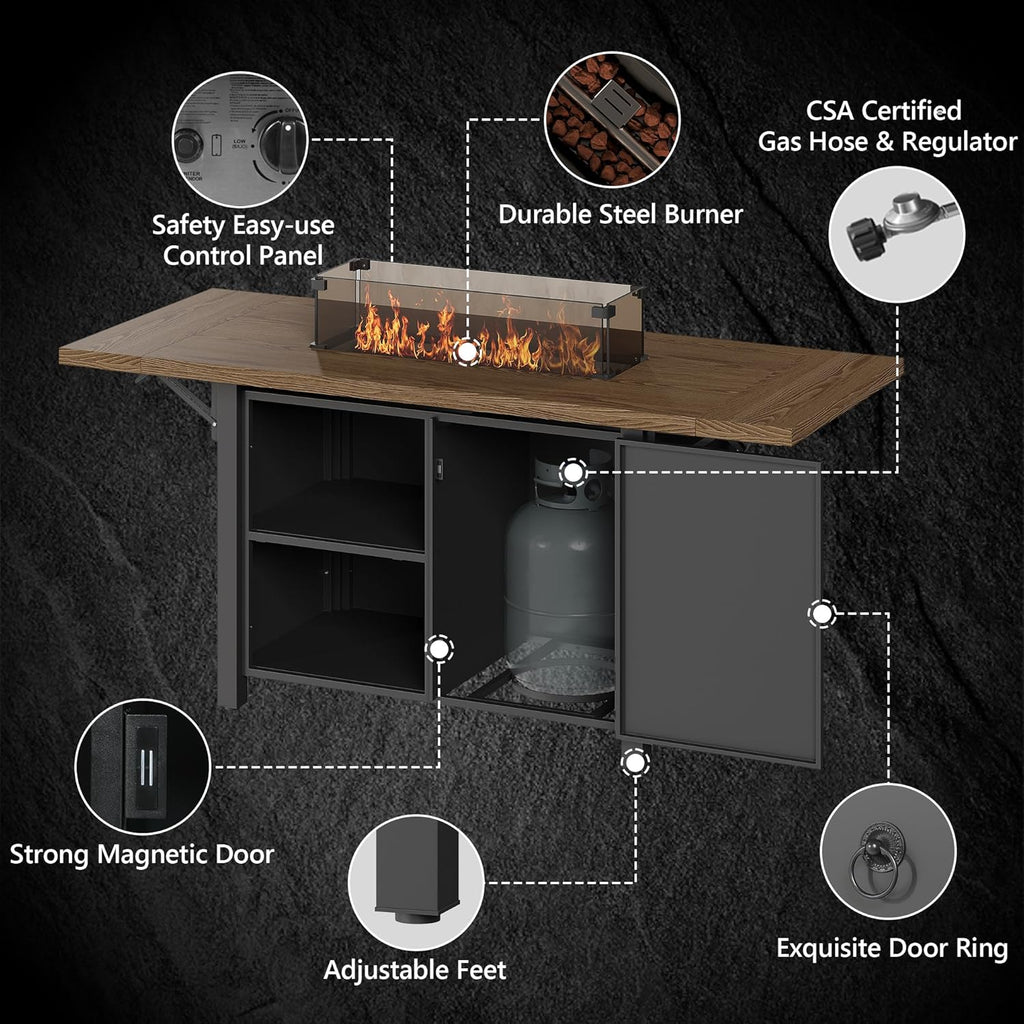 55" Propane Fire Pit Table,50000btu Gas Fire Pit Table with Brown Windshield & Lava Rock,2 in 1 Foldable Expansion