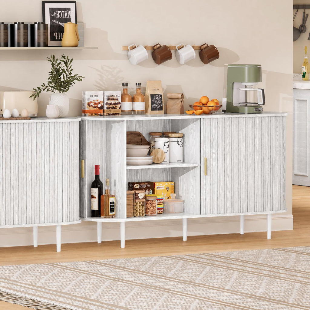 Sideboard Buffet Cabinet with Storage, 55 Inch Mid Century Modern Fluted Credenza with Sliding Door & Adjustable