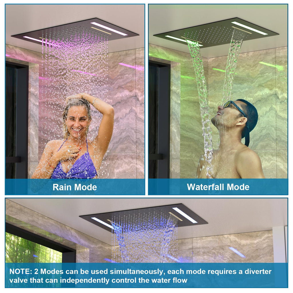 Luxury Shower Heads 20x14 Inch LED Rainfall Shower Head with 2 Functions - Rainfall & Waterfall Modes, Independent