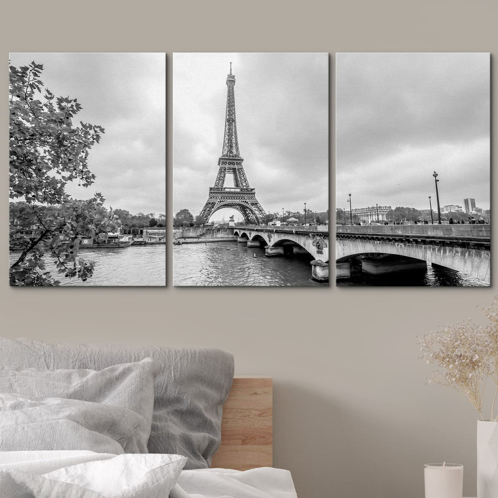 3 Piece Canvas Wall - Paris Eiffel Tower from Seine. Cityscape in Black and White - Modern Home Stretched and Framed