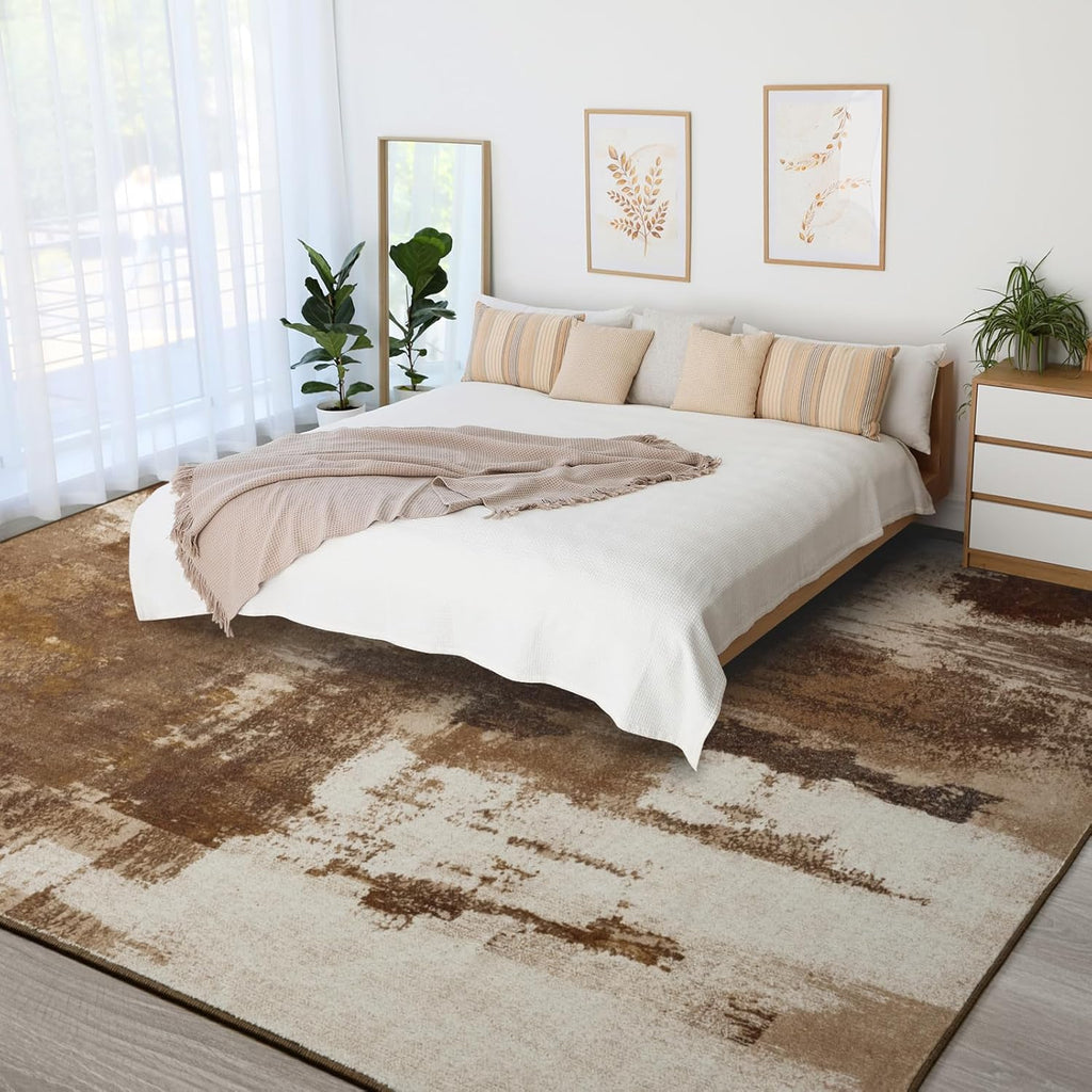 Living Room Rug, 9x12 Rug Modern Abstract Washable Rugs, Brown Vintage Low Pile Carpet, Non Slip Large Rugs for