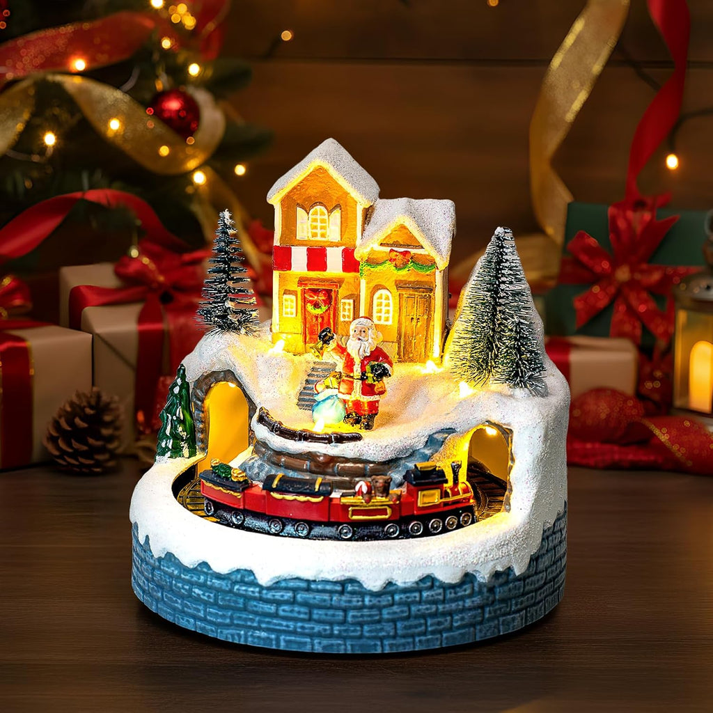 Animated Christmas Village Figurine - Lighted Santa Claus with Moving Train, Musical Holiday Collectible Statue