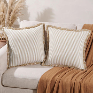 Vintage Brown Striped Pillow Covers 18x18, Fall Outdoor Pillows, Linen Trim