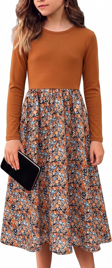 Floral Fall Midi Dresses for Tweens Pockets Party