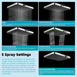 Rain Shower Head, 13'' High Pressure Rainfall Square 5 Spray Mode Showerhead with 16" Shower Head Extension Arm