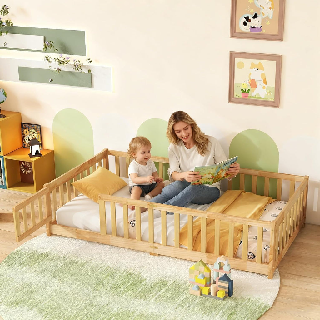 Montessori Floor Bed with Slats and Door, Solid Wood Floor Bed Frame with High Rails, Low Wooden Kids Beds