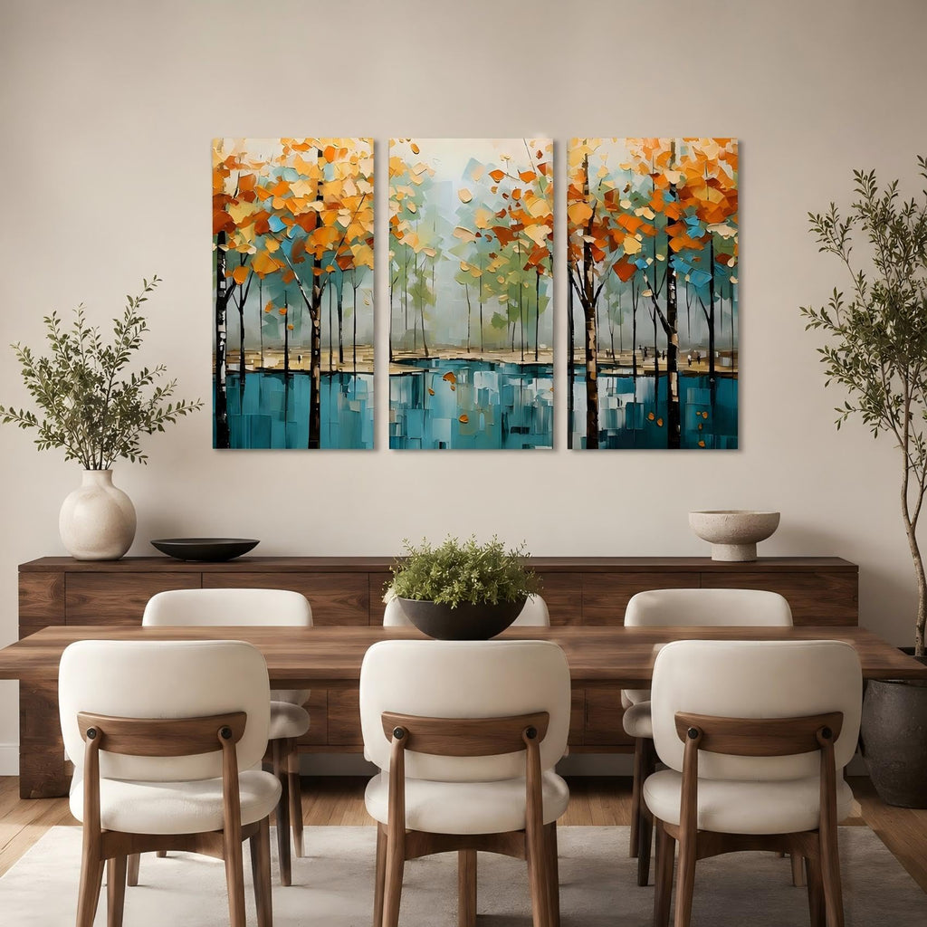 Framed 3‐Panel Canvas Wall Art, Abstract Autumn Forest Lake Landscape Canvas Prints, Thick Palette Knife Fall Tree