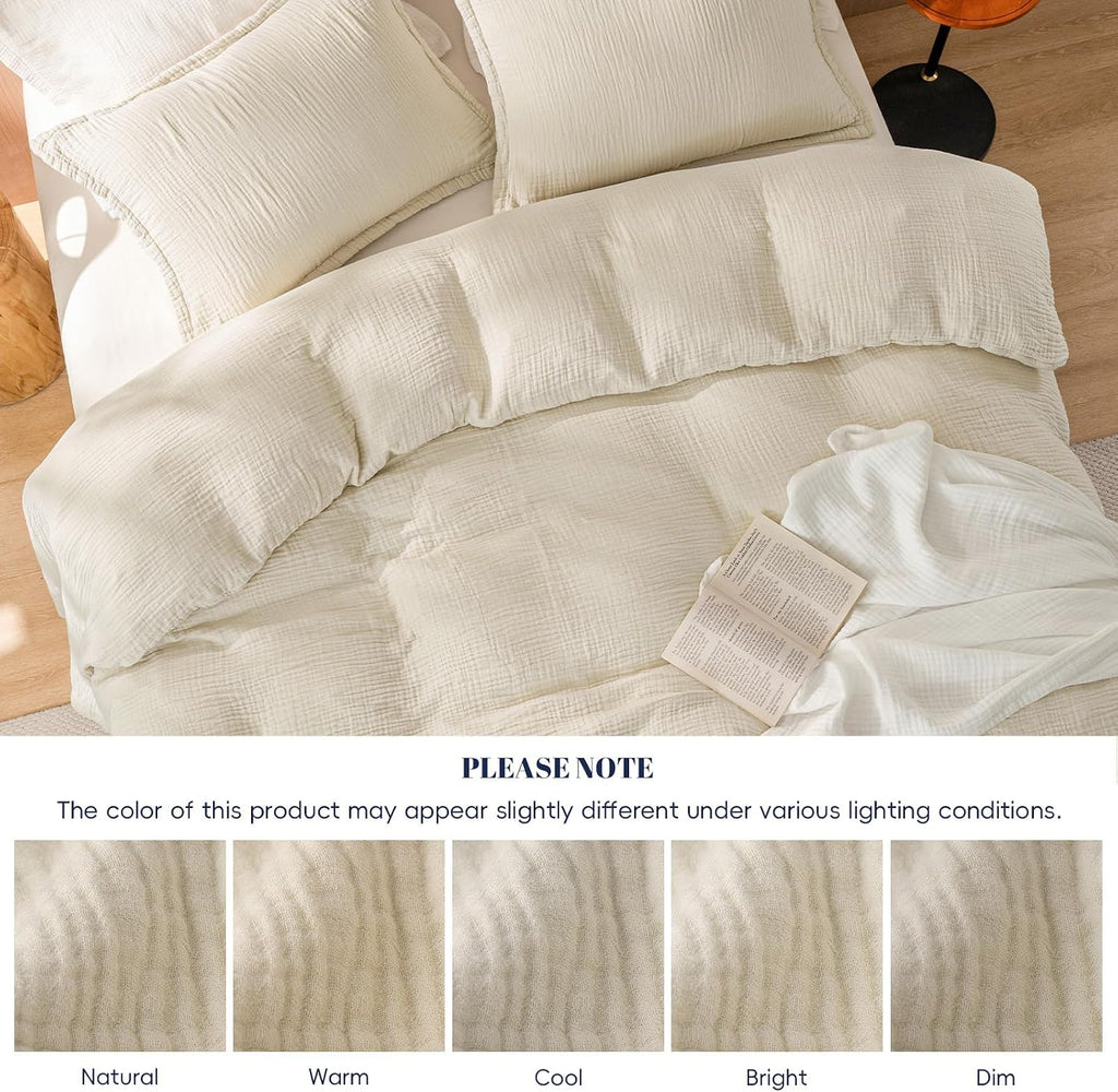 Cotton Muslin Duvet Cover Queen, 3-Layer Soft Lightweight & Breathable Textured Gauze, Skin-Friendly Minimalist