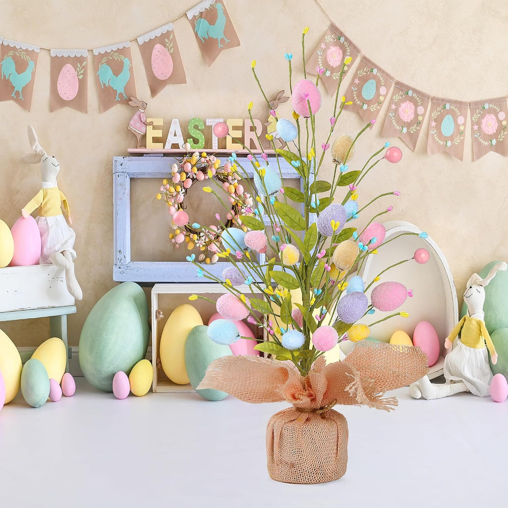 17'' Easter Egg Table Tree Easter Decorations with Artificial Eggs Greenery Leaves Berries Artificial Tree Decor