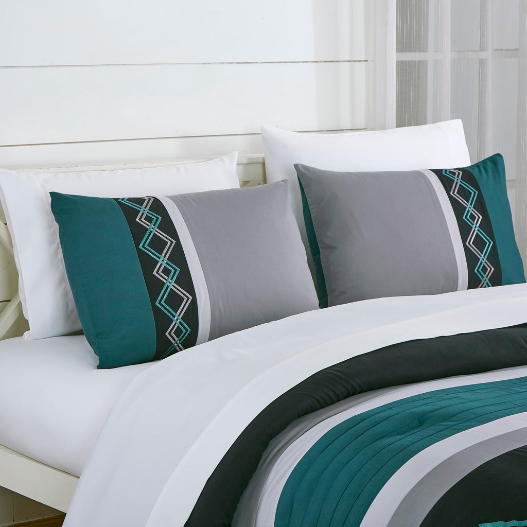 Jaxson Bed in a Bag 7-Piece Comforter Set with Sheets Modern Pleated Stripe Embroidered Teal/Black/Gray