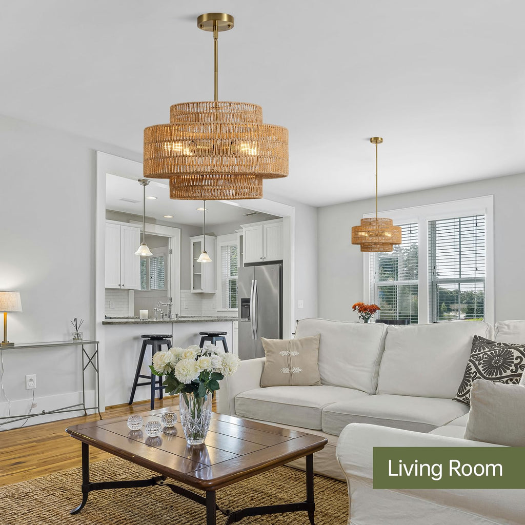 17.7" Rattan Chandelier, Large Boho Pendant Light