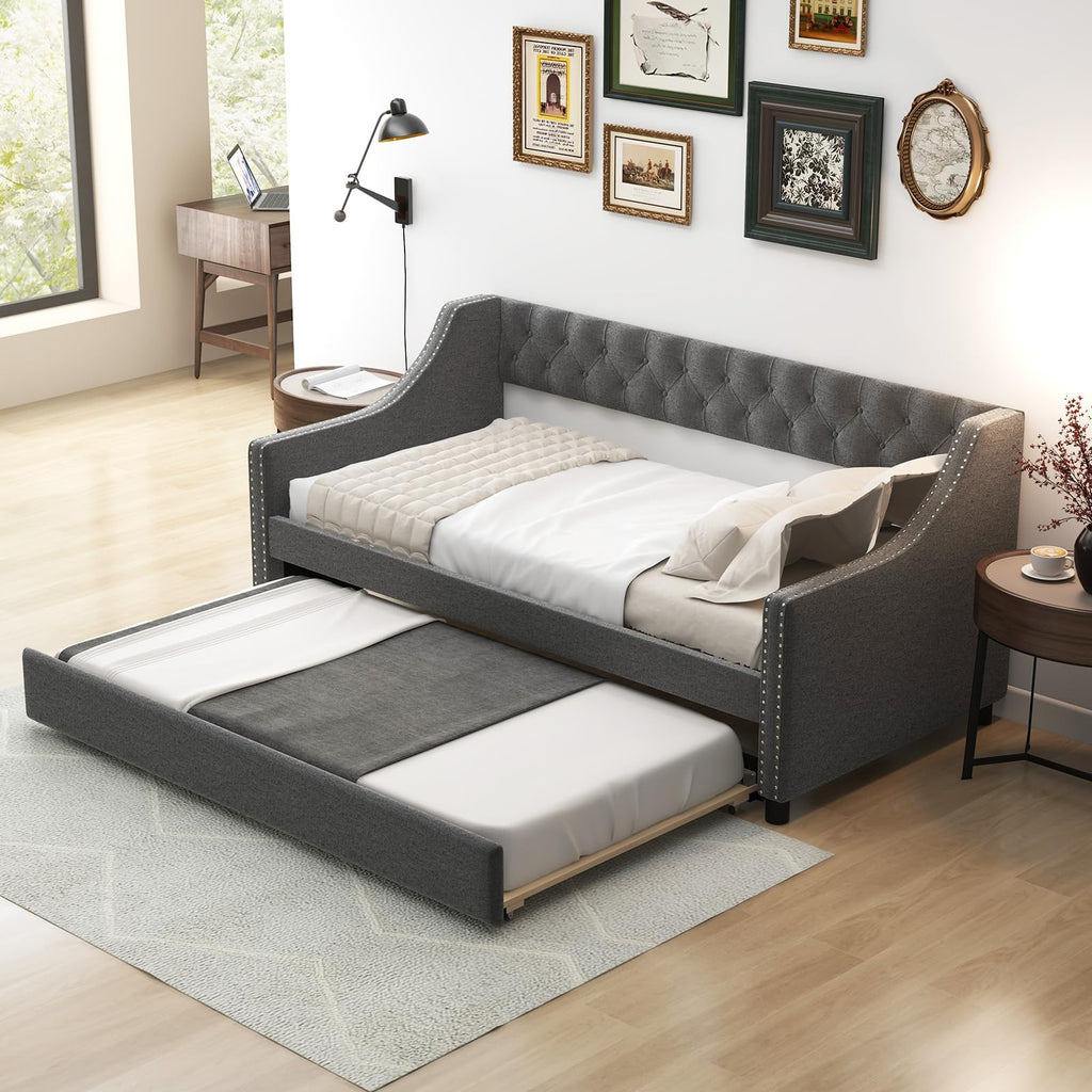 Upholstered Twin Daybed with Trundle, Modern Trundle Bed with Button Tufted Backrest and Wooden Slat Support, Twin