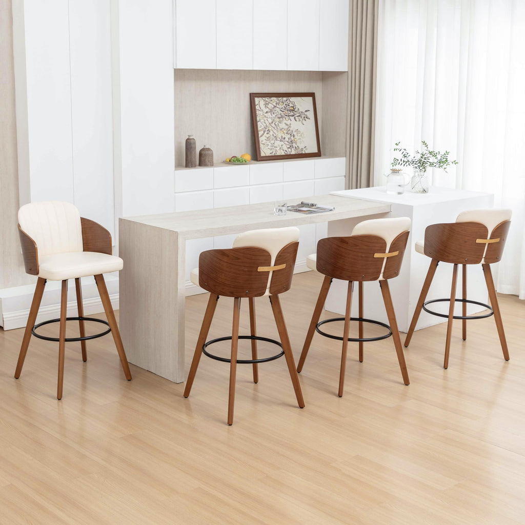 Bar Stools Set of 4, 30 Inch Mid Century Bar Height Barstools with Walnut Back and Arms, Upholstered Seat, Swivel